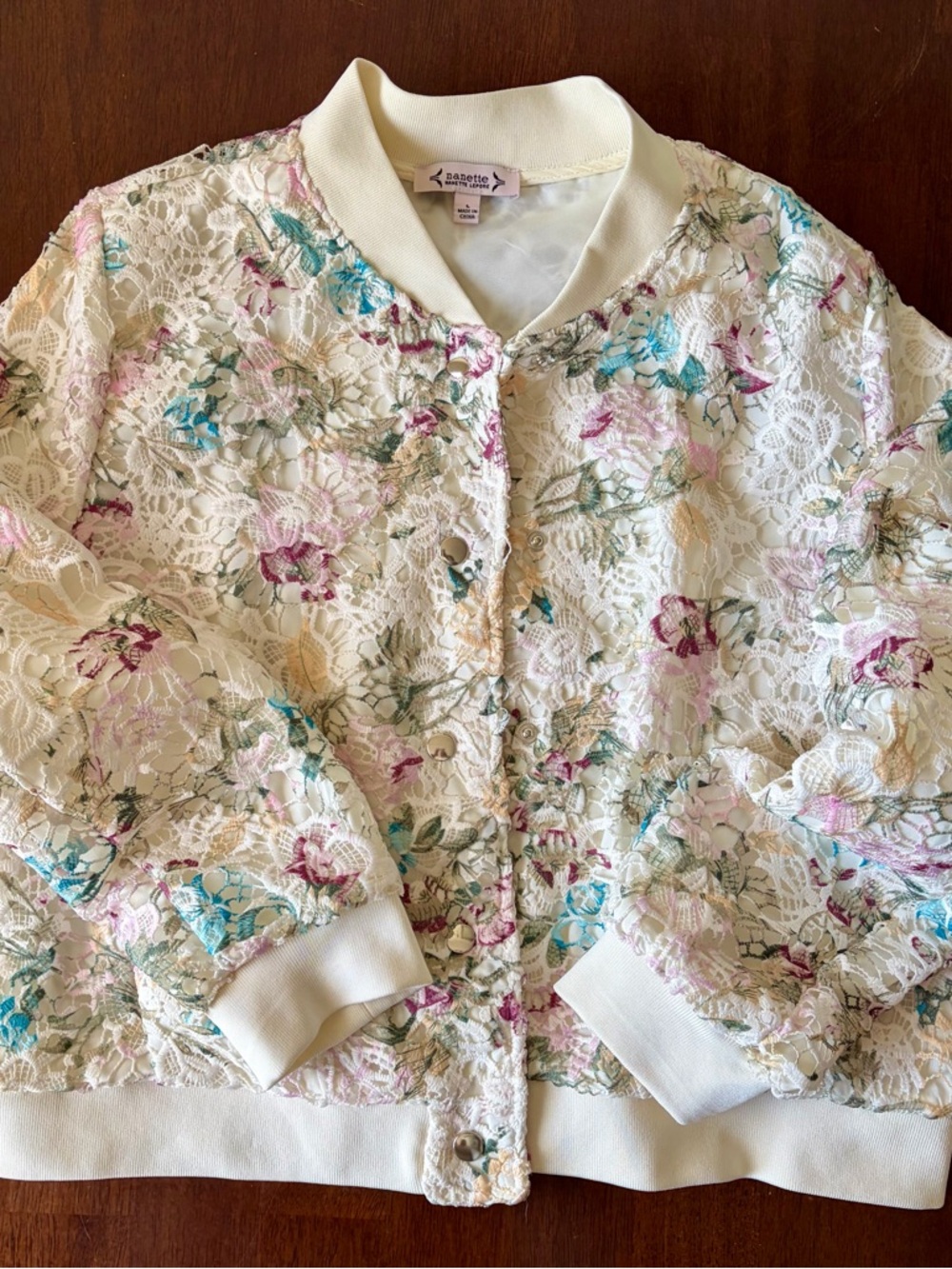 Nanette Lepore Cream Lace Bomber Jacket with Pink & Teal Floral Embroidery